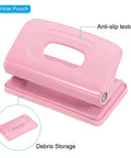 Pink 2 Hole Paper Punch One Quarter Inch Pink Metal Hole Puncher with anti-slip texture and debris storage, handles up to 8 sheets, 6 mm holes