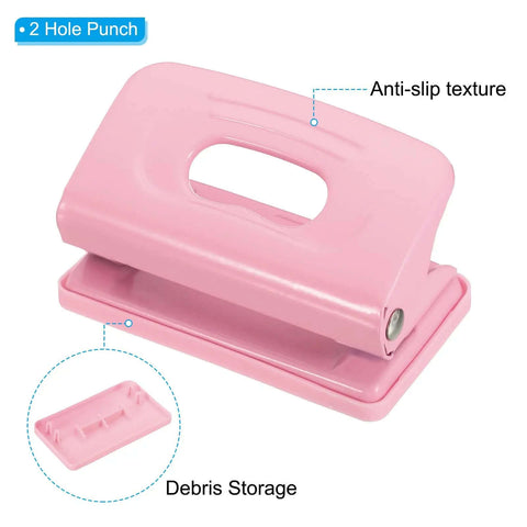 Pink 2 Hole Paper Punch One Quarter Inch Pink Metal Hole Puncher with anti-slip texture and debris storage, handles up to 8 sheets, 6 mm holes