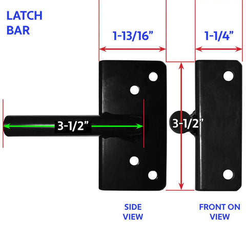 Black Vinyl Fence Gate Hardware Kit With Self Closing Parts And Heavy Duty Hinges Paired With A Lockable Latch, latch bar dimensions shown.