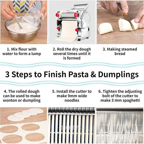 Versatile Heavy Duty Electric Noodle Machine Make Fresh Spaghetti Lasagna And Linguine No Fuss Adjustable Dough Roller instructional steps.