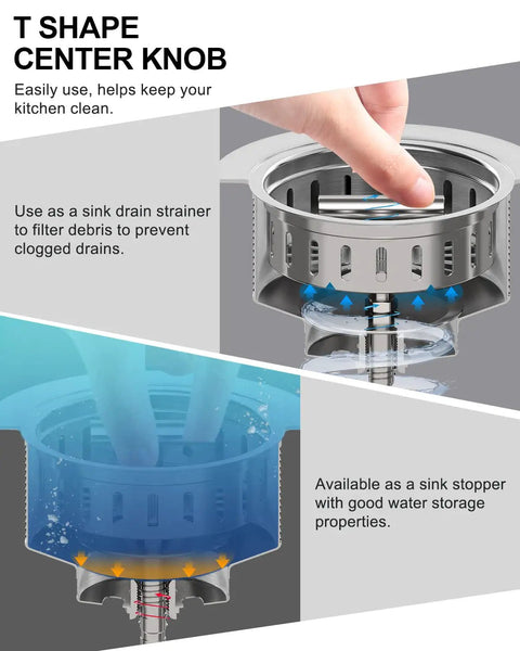 304 Stainless Steel Kitchen Sink Drain Strainer Assembly Kit with T shape center knob and water storage properties