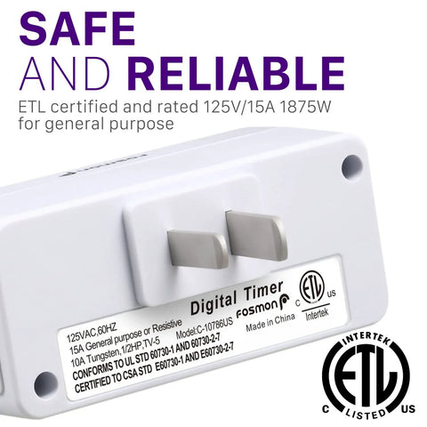 Back view of 7-Day Digital Outlet Timer For Indoor Plug-In Lights with ETL certification details, 125V/15A 1875W rating.