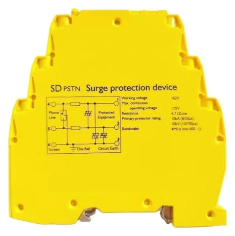Front view of yellow Surge Protection Device SDPSTN 20kA Industrial Signal Line Module for reliable equipment protection.