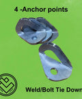 Heavy Duty Tie Down Anchors Set Of Four for weld or bolt installation, featuring steel construction with a 3/8in hole, shown on a green background.