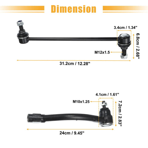 4 Pcs Front Stabilizer Sway Bar Link Set Replacement Beefed Up For Hyundai Elantra 2013 2016 Veloster 2012 2017 Kia Soul 2014 2019 Suspension Kit Outer Tie Rods And Steering Tie Rod End. Dimension chart showing front sway bar link and tie rod end sizes, M12x1.5 and M10x1.25.