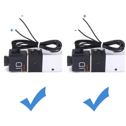 Two 12V DC 1/8 Inch NPT 2 Way Normally Closed Solenoid Valves For Air Systems with aluminum body, wires shown