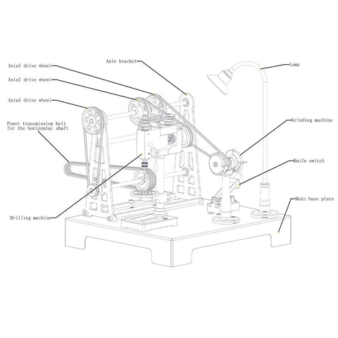 Diagram of Old School Transmission System Kit For SE Series Mini Workshop Models with labeled parts and mechanisms