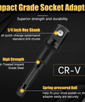 Heavy Duty Impact Grade Socket Adapter Set 1/4, 3/8, 1/2 Inch Drive Hex To Square Shank CrV Driver Adapters For Cordless Drills And Power Tools, Quick Socket Conversion For Screwdrivers And Drill Bits with 1/4 inch hex shank and CR-V material features.