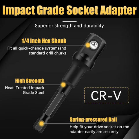 Heavy Duty Impact Grade Socket Adapter Set 1/4, 3/8, 1/2 Inch Drive Hex To Square Shank CrV Driver Adapters For Cordless Drills And Power Tools, Quick Socket Conversion For Screwdrivers And Drill Bits with 1/4 inch hex shank and CR-V material features.