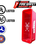 6 Pack Heavy Duty Red Plastic Fire Extinguisher Cabinets Outdoor Indoor Security Enclosure Weatherproof Housing Keeps 5LB Units Locked Down Built Tough To Handle The Grind Without A Hassle with UL and ULC listed logos.