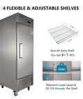 Rock Solid 27 Inch Commercial Reach In Freezer Delivers 23 Cubic Feet Of Smooth Stainless Steel Cooling showing adjustable shelves.