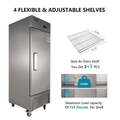 Rock Solid 27 Inch Commercial Reach In Freezer Delivers 23 Cubic Feet Of Smooth Stainless Steel Cooling showing adjustable shelves.