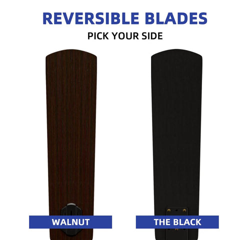 Reversible blades showing walnut and black for 52 Inch Ceiling Fan With Light And Remote For Indoor Outdoor Use Matte Black Finish With Aged Walnut Blades.