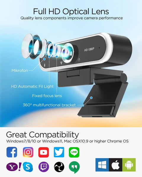 Solid 1080P Web Cam With Built In Mic And Privacy Cover For Usb Pc Or Laptop showing full HD optical lens and multifunctional bracket