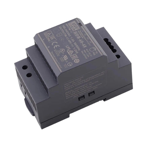 Straight Up Heavy Duty 60 Watt 48 Volt Din Rail Switching Power Supply with adjustable output, slim design for easy mounting.