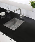 13 By 15 Inch Undermount Bar Prep Kitchen Sink Single Bowl 16 Gauge Stainless Steel Zero Radius Brushed Finish T 304 Grade Rust Resistant Space Saver For Small Bar And Prep Area installed in black countertop with faucet