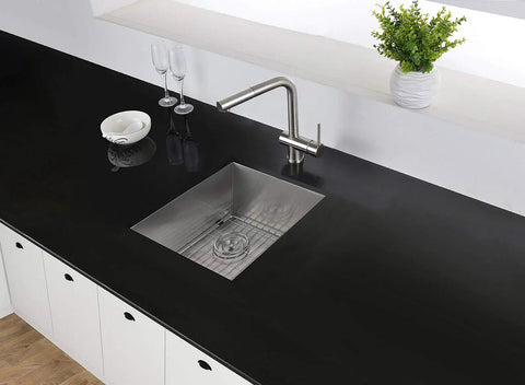 13 By 15 Inch Undermount Bar Prep Kitchen Sink Single Bowl 16 Gauge Stainless Steel Zero Radius Brushed Finish T 304 Grade Rust Resistant Space Saver For Small Bar And Prep Area installed in black countertop with faucet