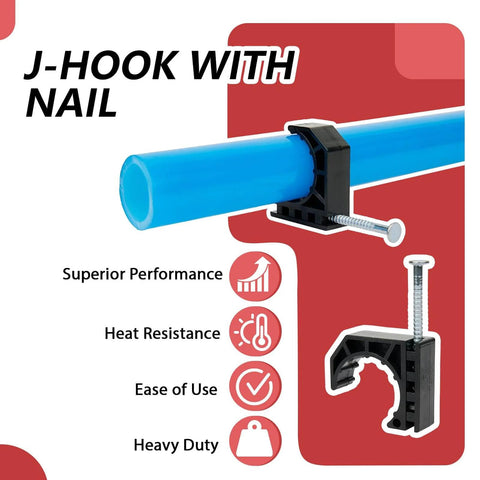 Pack Of 50 Black Half Clamp J Hook With Nail For 1/2 Inch PEX Tubing Pipe Support, Durable Plastic Mounts For Easy Positioning And Quick Secure Hold, PEX Only, PPSU1807019