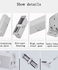 Spring Door Closer With Hold Open And Soft Close, Adjustable Arm, Beefy Aluminum Build details showing components and features