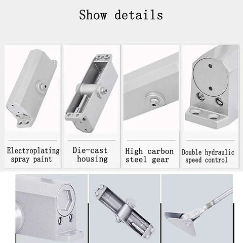 Spring Door Closer With Hold Open And Soft Close, Adjustable Arm, Beefy Aluminum Build details showing components and features