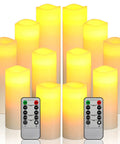 Flameless LED Pillar Candles Set Of 12 Battery Operated With Remote And Timer Real Wax Look, displayed with two remotes.