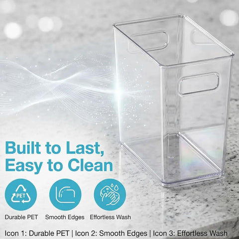 Crystal Clear Freezer Storage Bins Set With Stackable Upright Organizers For Meat And Veggies, transparent small bin on counter