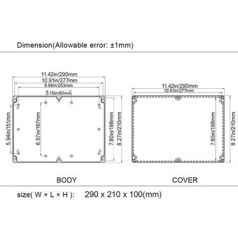 Dimensions of Pro Grade Abs Plastic Project Box Featuring IP65 Beat The Rain Seal, showing 11.4 x 8.3 x 3.9 inches.