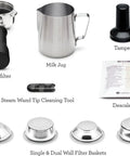 Compact Espresso Machine With 54mm Portafilter And 19 Gram Dose Auto Steam Wand For Milky Microfoam Barista Vibes Third Wave Pro Grade Coffee At Home Brushed Stainless Steel Finish Easy One Touch Espresso And Milk Texturing accessories, including portafilter, milk jug, tamper, and filter baskets.