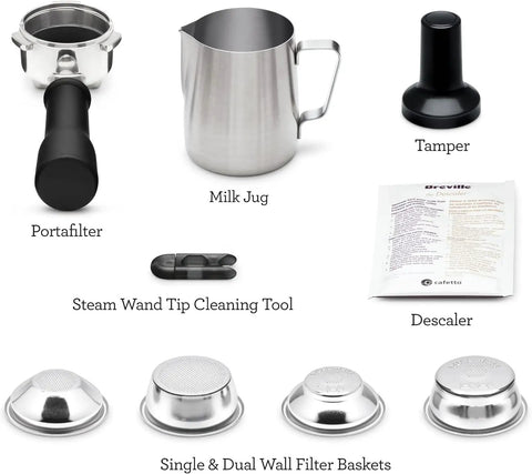 Compact Espresso Machine With 54mm Portafilter And 19 Gram Dose Auto Steam Wand For Milky Microfoam Barista Vibes Third Wave Pro Grade Coffee At Home Brushed Stainless Steel Finish Easy One Touch Espresso And Milk Texturing accessories, including portafilter, milk jug, tamper, and filter baskets.