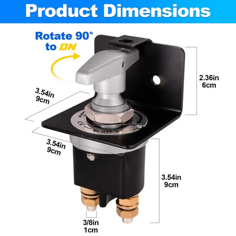 Beefy Heavy Duty Battery Disconnect Switch 12V 24V 36V With Lock Out Plate 500A Continuous 5000A Peak Safe Isolator For Car Boat RV Marine Off Grid Electrical System, dimension view
