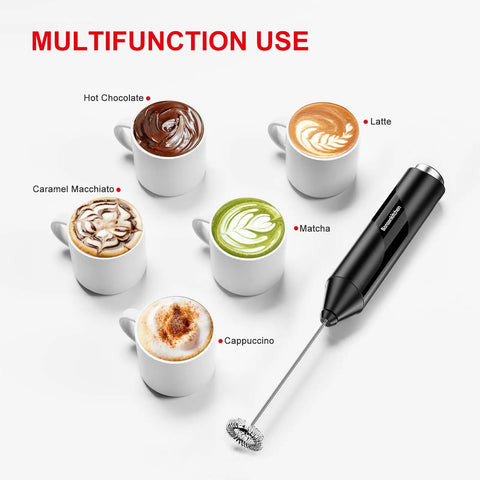 Powerful Milk Frother For Coffee And Lattes Fast Handheld Drink Mixer With Stainless Steel Whisk Battery Operated Wand BPA Free Creates Creamy Froth In Seconds Perfect For Home Barista Style Coffee Cappuccino And More shown next to various coffees.