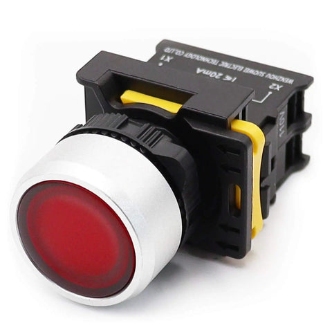 Close-up of red LED push button from Two Pack Dual Color Red Green LED Push Button Switch 110 To 220 Volt Waterproof IP65 22mm Panel Mount