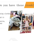 Collage depicting clothing storage issues, highlighting disorganized clothes piles and a girl assessing a messy wardrobe.