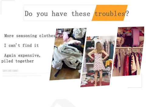 Collage depicting clothing storage issues, highlighting disorganized clothes piles and a girl assessing a messy wardrobe.