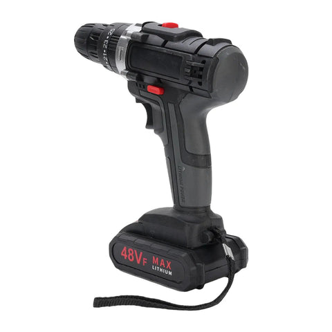Badass Brushless Cordless Drill Set With A Beefy 350 Watt Motor And Swift 1450Rpm Speed showing a cordless drill with 48VF lithium battery.