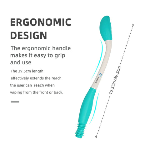 Long Reach Toilet Aid For Easy Wiping Extends Your Reach Over 15 Inches shown with ergonomic handle and soft grip.