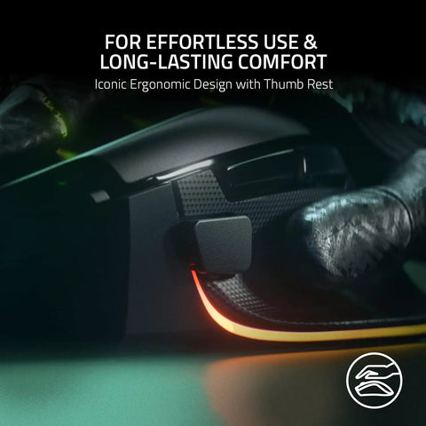 Customizable Ergonomic Gaming Mouse With Thumb Rest And RGB Lighting, 26K DPI Optical Sensor showcased with black finish