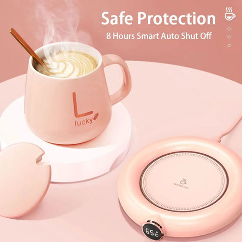 Keep Your Daily Brew Piping Hot On This Stylish Electric Coffee Mug Warmer with pink mug and heating coaster.