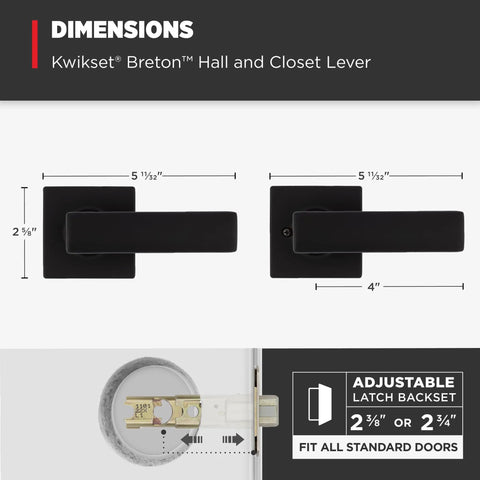 Dimensions of Matte Black Interior Passage Door Lever For Closets And Hallways Non Locking Reversible Handle, DIY Install