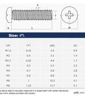 Premium Top Shelf Pan Head Machine Screws Made From Tough Rust Proof 304 Stainless Steel Phillips Cross Drive Bolts detailed size chart.