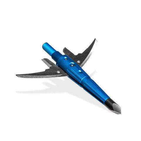 Levi Morgan Series 2-Blade Mechanical Broadheads 100 Grain Expandable with 2.0 Inch Cut in Blue, close-up view of broadhead design.