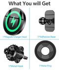 Components of 2 In 1 MagSafe Car Charger And Phone Holder With Ultra Sticky Dashboard Mount For iPhone 17 16 15 14 13 12 11 Delivers 15W Wireless Fast Charging And Locks Tight On Rough Roads For Men And Women, including charger head, adhesive base, metal hook, and metal ring.