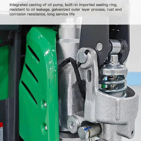 Close-up of electric pallet jack truck oil pump showcasing galvanized layer, integrated sealing ring, and rust resistance.