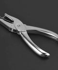 One Handed Hole Punch For Paper, 6 Sheet Capacity, 3.175mm Hole, Chrome Plated Handheld Puncher With Scrap Collector displayed on black background
