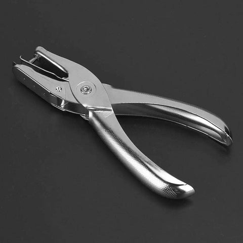 One Handed Hole Punch For Paper, 6 Sheet Capacity, 3.175mm Hole, Chrome Plated Handheld Puncher With Scrap Collector displayed on black background