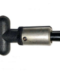Side view of Two Pack Heavy Duty Pop Pull Pin Set With Weld On Steel Barrel One Inch Diameter By One And A Half Inch Length One Half Inch Diameter Spring Loaded Zinc Plated Steel Plunger Plastic T Handle Knob Knurled Round Nut With Grub Screw Lock