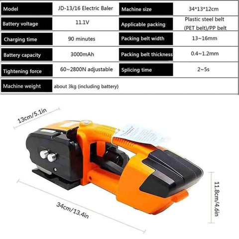 Battery Powered Handheld Strapping Machine Automatic PP PET Banding Tool Adjustable Tension Up To 2800 N shown in orange color.
