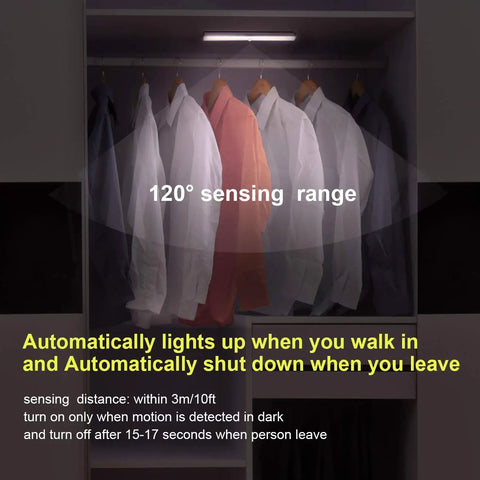Motion Activated LED Closet Lights Six Pack Battery Powered Wireless Stick On Under Cabinet Bar Lights For Stairs Hallway And Kitchen White No Wires Needed Easy Install Auto On In The Dark illuminating a closet with clothes, 120° sensing range.