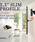 No Sweat No Drill Drywall TV Mount Fits 13 To 55 Inch Screens Holds Up To 99 Pounds showing 1.1" slim profile in living room.