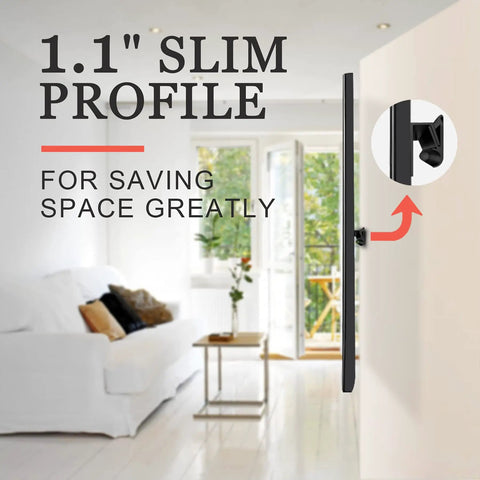 No Sweat No Drill Drywall TV Mount Fits 13 To 55 Inch Screens Holds Up To 99 Pounds showing 1.1" slim profile in living room.